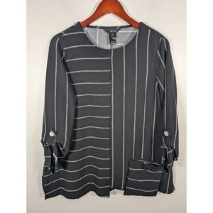 Ali Miles Blouse Women's Medium White Black Striped 3/4 Roll Tab Sleeve Pocket
